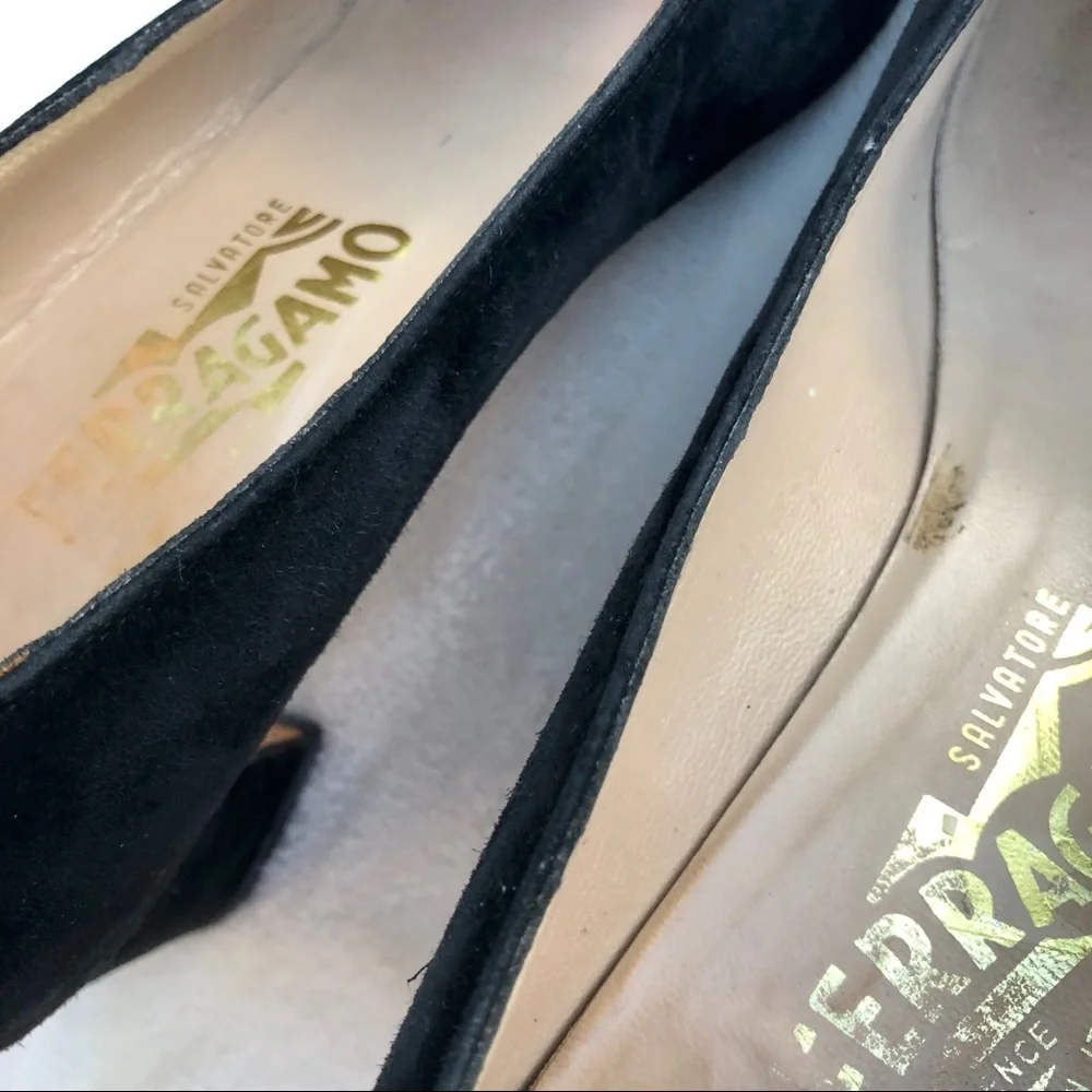 Salvatore Ferragamo Shoes Black Velvet Gold Trim Heels